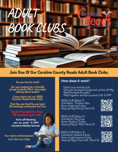 Caroline Reads Adult Book Club Flyer